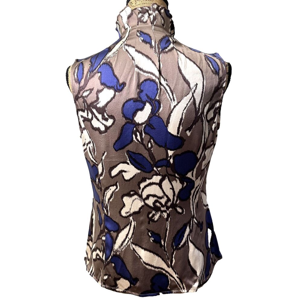 ETCETERA Women's Taupe/Blue Floral Silk Mock Neck Sleeveless Top Blouse Sz 6 - Picture 5 of 14